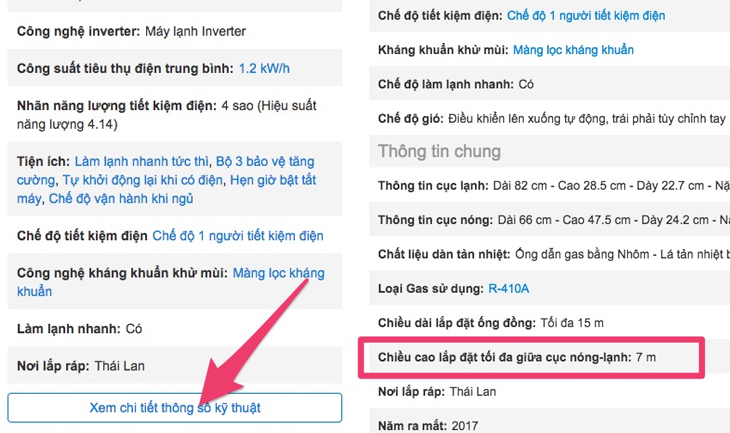 Độ cao dàn nóng và dàn lạnh